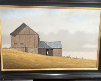 55. Signed Oil on Canvas by Michael Fratrich "Barn with Grey Sky"