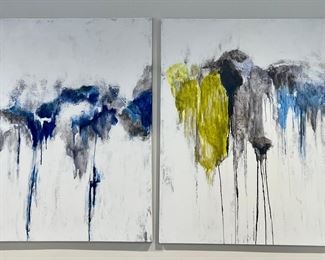 23. Pair of Mary Beth Ihnken Abstract Oil on Canvases, Blue, Grey, Yellow (4' x 4')