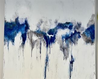 23. Pair of Mary Beth Ihnken Abstract Oil on Canvas, Blue, Grey, Yellow (4' x 4')