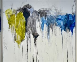 23. Pair of Mary Beth Ihnken Abstract Oil on Canvas, Blue, Grey, Yellow (4' x 4')