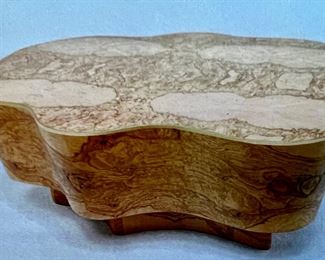 33. Made Goods Abstract Shaped Coffee Table in Olive Ash Burl Wood Veneer w/ Textured Gold Trim (48" x 36" x 18")