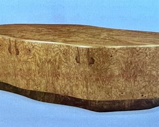 33. Made Goods Abstract Shaped Coffee Table in Olive Ash Burl Wood Veneer w/ Textured Gold Trim (48" x 36" x 18")