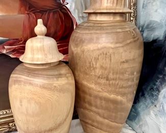 64. Pair of Tozai Home Lidded Wood Canisters (26" large 20" small)