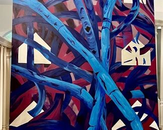 105. Contemporary Blue and Red Abstract Oil On Canvas (4' x 6')