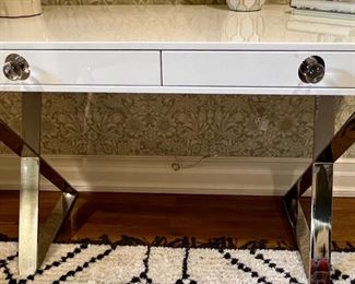 9. Jonathan Adler White Lacquer Desk w/ Chrome X Base (54" x 24" x 30")
