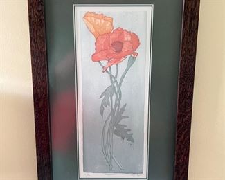 19. Arts and Crafts Woodblock "Poppies" Signed PDGNejko 10/70 (13" x 23")