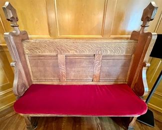 42. Antique English Church Bench w/ Velvet Cushion (45" x 22" x 49")