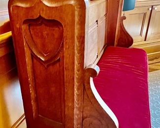 42. Antique English Church Bench w/ Velvet Cushion (45" x 22" x 49")