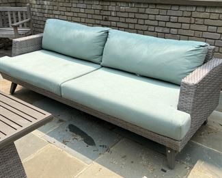 122. RST All Weather Wicker Conversation 8 pc Seating Set w/ Fire Table and Covers 
Sofa (88” x 34” x 29”), Chair (36” x 34” x 28”)Ottoman (31” x 22” x 17”), Coffee Table (46” x 26” x 17”)
Fire Table (49” x 32” x 24”), End Table (18” x 22” x 20”)