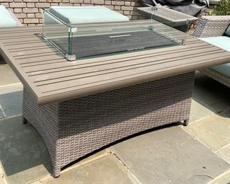 122. RST All Weather Wicker Conversation 8 pc Seating Set w/ Fire Table and Covers 
Sofa (88” x 34” x 29”), Chair (36” x 34” x 28”)Ottoman (31” x 22” x 17”), Coffee Table (46” x 26” x 17”)
Fire Table (49” x 32” x 24”), End Table (18” x 22” x 20”)