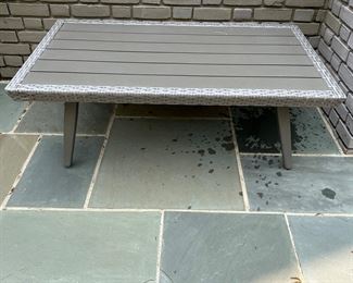 122. RST All Weather Wicker Conversation 8 pc Seating Set w/ Fire Table and Covers 
Sofa (88” x 34” x 29”), Chair (36” x 34” x 28”)Ottoman (31” x 22” x 17”), Coffee Table (46” x 26” x 17”)
Fire Table (49” x 32” x 24”), End Table (18” x 22” x 20”)