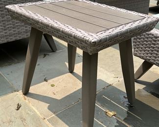 122. RST All Weather Wicker Conversation 8 pc Seating Set w/ Fire Table and Covers 
Sofa (88” x 34” x 29”), Chair (36” x 34” x 28”)Ottoman (31” x 22” x 17”), Coffee Table (46” x 26” x 17”)
Fire Table (49” x 32” x 24”), End Table (18” x 22” x 20”)