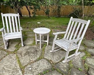 125. Pair of Teak Rocking Chairs (25" x 32" x 42") and Teak Table (22" x 23")