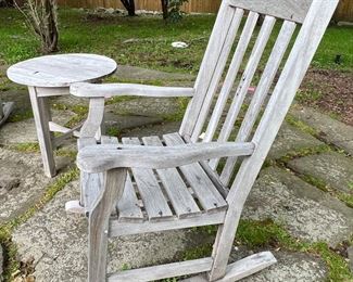 125. Pair of Teak Rocking Chairs (25" x 32" x 42") and Teak Table (22" x 23")