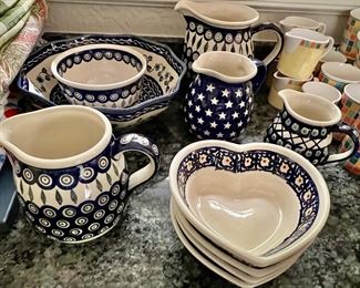 146. Boleslawiec Dishware Hand Made in Poland, 3 Pitchers small medium and large,1 Star Pitcher, 4 Heart Shaped Bowls 1 Flutter edge Serving Bowl,1 Small Bowl 