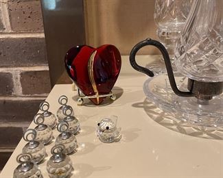 Baccarat paperweight.  Swarovski place card holders and bird