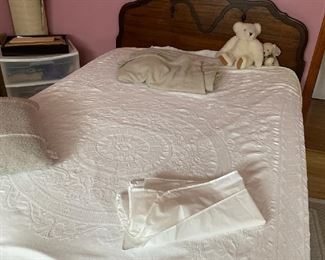 Antique full size bed with mattress. Textured woven bedspread.  Vermont Teddy Bear