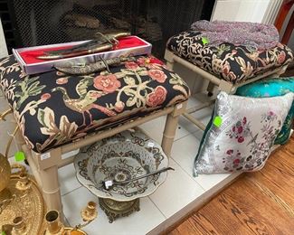 Bamboo Style matching pair of Stools on rollers, Silk Pillows
