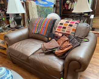 Brown Leather Settee, Designer Purses, Textiles 