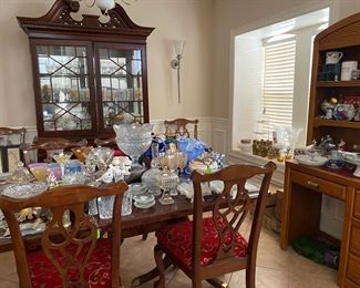 Formal Dining Room with Mahogany Table, Chairs, Hutch, Crystal Bowls and Entertaining items