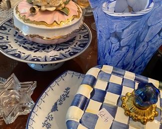 Blue and White Serving Pieces, Covered Dish and Cake Plate