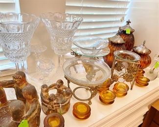 Large Crystal Candle Holders and a set of Amber Glass Canisters