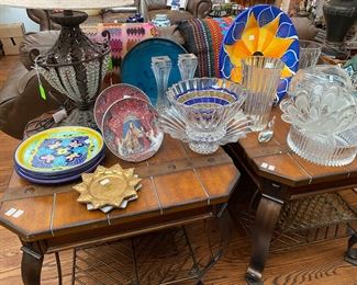 Nice Matching Western Style End Tables full of Mexican Pottery and More