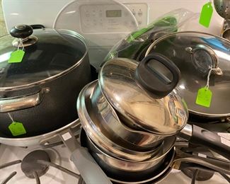 Assortment of Circulon Pots and Pans and a very large ARC stew pot