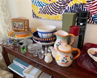 Fun Colorful Serving Pieces, Pitchers and Vintage Lunch Box