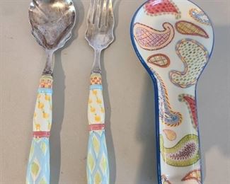 MacKenzie-Childs spoon rest and salad serving fork and spoon