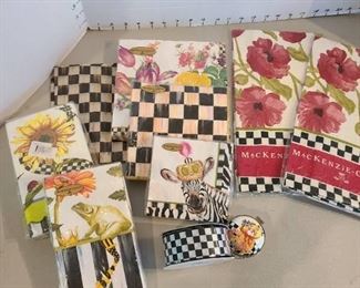 Two MacKenzie-Childs poppy dish towels, variety of napkins, checkered ribbon, all new in pkg. Also a trinket box with broken hinge
