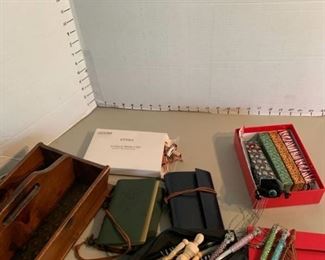 Wooden organizer, clips, small note books and pens
