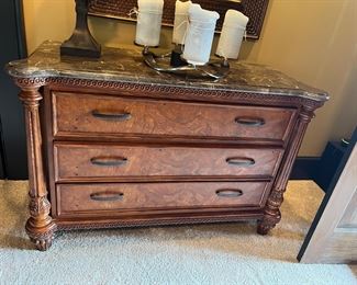 Marble top burled wood cabinet
