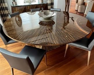 80' J ROBERT SCOTT TIGERWOOD DINING TABLE ON HEAVY CHROME AND WOOD BASE, WITH LEAF