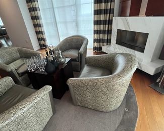 SET (4)  LEATHER UPHOLSTERED BARREL BACK CLUB CHAIRS IN PRINTED BOA PATTERN, J ROBERT SCOTT