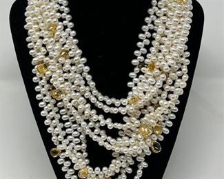 14K GOLD AND CULTURED PEARL STRAND WITH CITRINE/BERYL PENDANTS FROM NEIMAN MARCUS