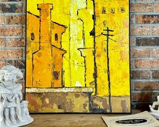 “City Scene” original oil on canvas by Mae Sibley c.1960-1970, framed