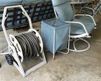 Hose reel, outdoor trash, lawn chair with ottoman 