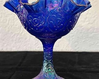 Fenton Iridescent Cobalt Carnival Glass Compote With Ruffled Edge