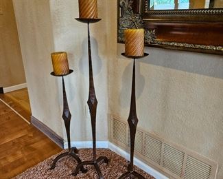  Set of Three Tall Wrought Iron Heavy Candle Holders in Varying Heights 29" to 42"T - Painted in a Rustic Copper Color