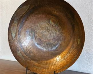 Large Shallow Hammered Copper Bowl on Stand - 23" Diameter x 7"D - Very Colorful from Aging Copper