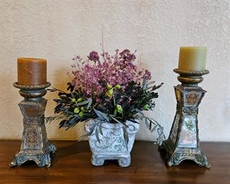 Assorted Decor - Set of Two Candle Holders with Mirrored Tiles 9" & 11" Plus Rustic Ceramic Planter 12"T incl. Floral