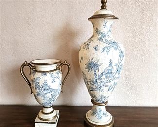 Set of Two Unique Asian Inspired Urns / Vases - One w/ Lid - Ivory w/ Blue Japanese Scenes and Brass Tone Accents