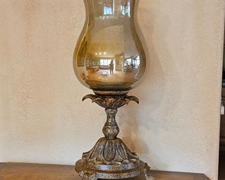 Oversized Candle Holder with Large Smokey Glass Hurricane Shade - w/ Large Electric Candle inside