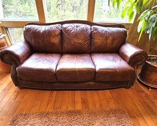Oversized Leather Sofa Couch in Brown Genuine Leather and Large Brass Stud Accents 88"L x 38"D