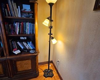 Heavy Wrought Iron Floor Lamp with Three Amber Tone Glass Shades - Two Lower are Adjustable -71" Tall