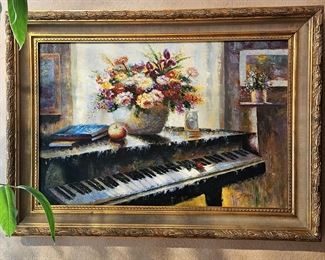 Oil on Canvas (Original)? Piano with Floral Bouquet in Ornate Gilded Frame - 43" x 31"