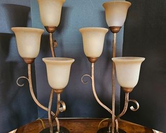 Set of Two Heavy Iron Base Table Lamps with Three Glass Shades (Stationary) Painted Brass color over black