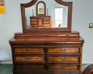  Aspen Home Dresser NAPA Collection in Poplar and Ash Burl Woods with Landscape Arched Mirror - Jewelry Drawers