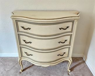 c 1960 Drexel "Touraine" French Provincial White w/ Gold Accents Nightstand with Three Large Dovetailed Drawers